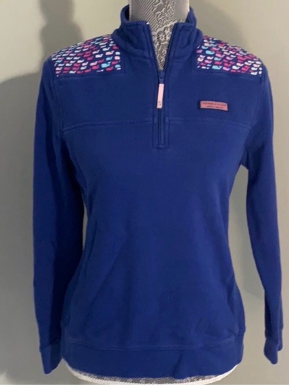 Vineyard Vines Royal Blue Quarter‑Zip Pullover with Heart‑Print Shoulders